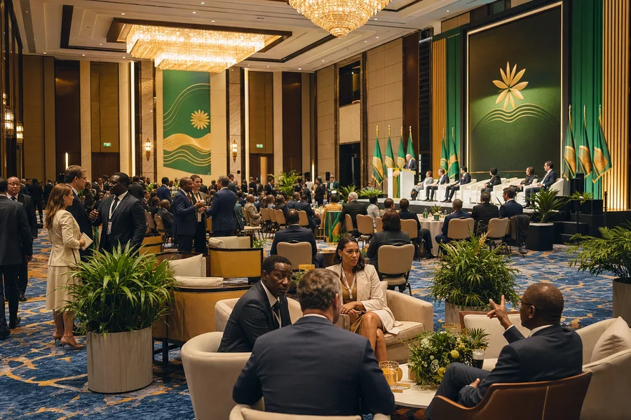 Fictional Poyais investment summit in a luxury hotel ballroom